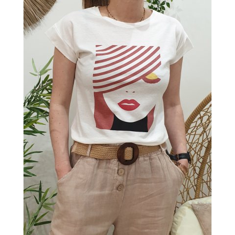 T-Shirt blanc visage femme pailleté terracota