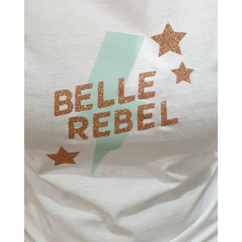 T-Shirt blanc Belle rebel pailleté éclair vert d'eau