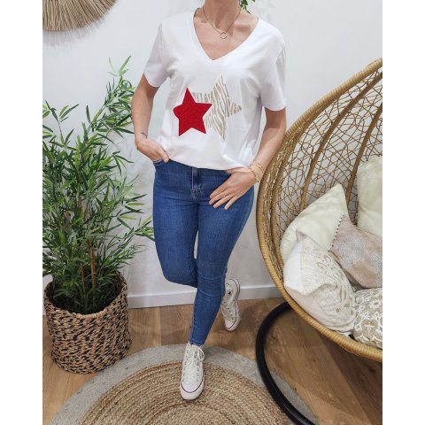 T-Shirt femme blanc étoiles bouclettes et zébrée