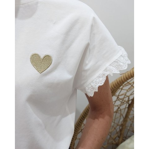 T-Shirt femme blanc manches brodées coeur