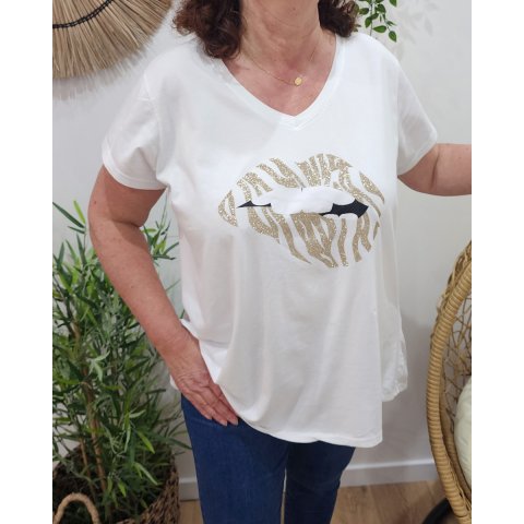 T-Shirt femme oversize blanc Lèvres zébrées