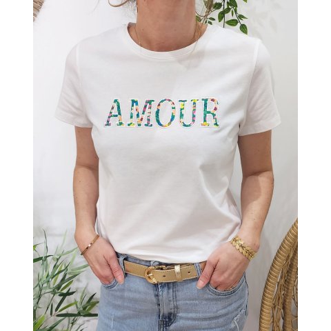 T-shirt femme blanc AMOUR fleuri multicolore