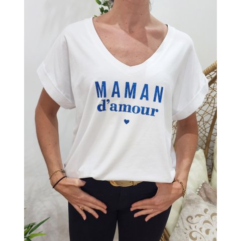 T-shirt femme blanc Maman d'amour pailleté