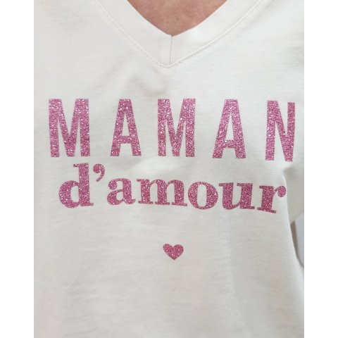 T-shirt femme écru Maman d'amour pailleté