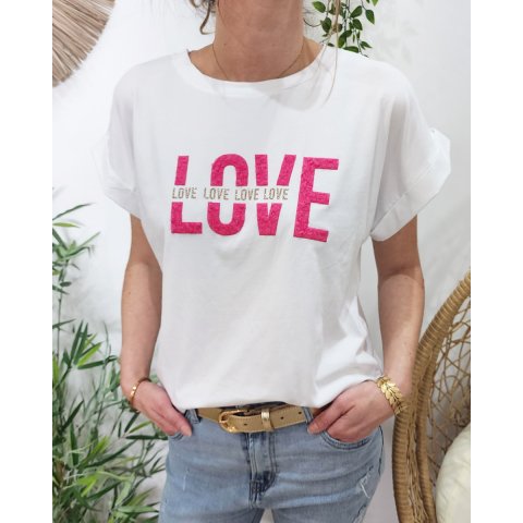 T-shirt femme blanc LOVE bouclettes et paillettes