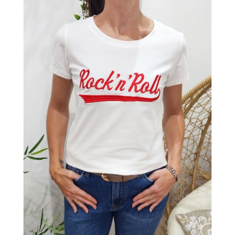T-Shirt blanc broderie Rock'n'roll rouge
