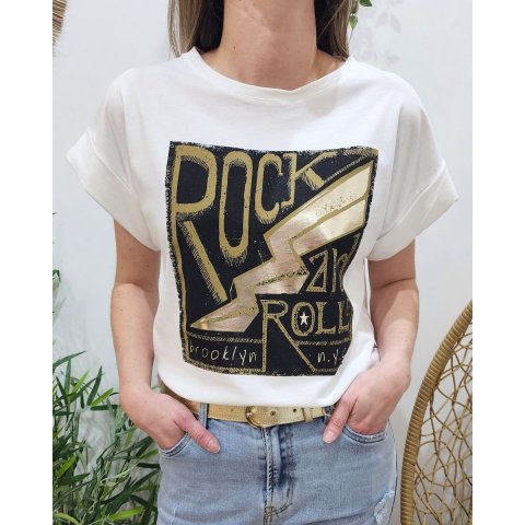 T-shirt femme Rock and Roll Brooklyn NYC noir doré