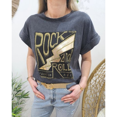 T-shirt femme Rock and Roll Brooklyn NYC noir doré