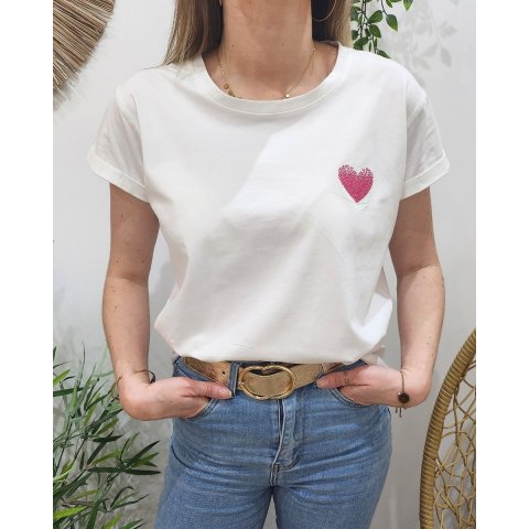 T-Shirt blanc broderie coeur dégradé