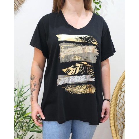 T-shirt oversize femme noir plumes et sequins