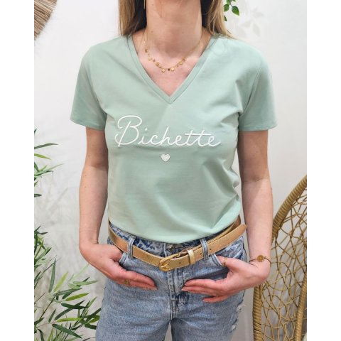 T-Shirt femme vert agate broderie bichette blanche