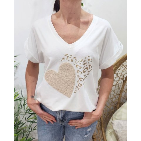 T-shirt femme double coeur pailleté et bouclettes