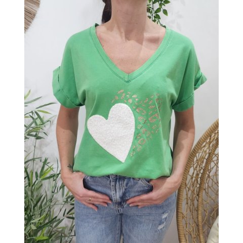 T-shirt femme double coeur pailleté et bouclettes