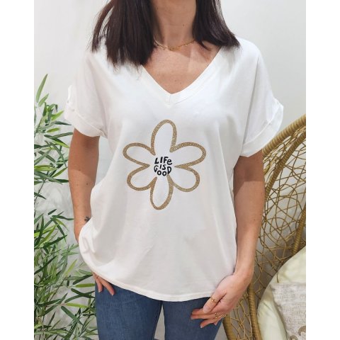 T-shirt femme blanc fleur pailleté life is good