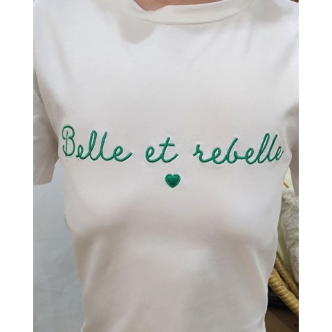 T-Shirt enfant écru broderie belle et rebelle vert