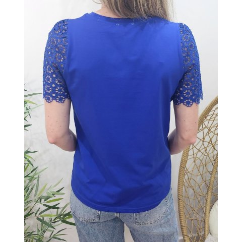 T-shirt femme bleu roi manches brodées Léontine