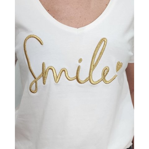 T-Shirt femme blanc broderie smile dorée