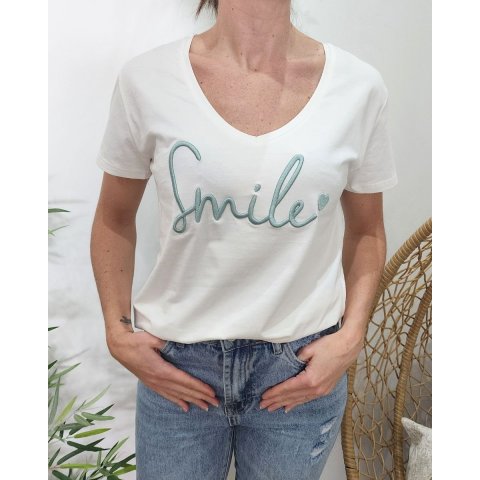 T-Shirt femme blanc broderie smile vert agate