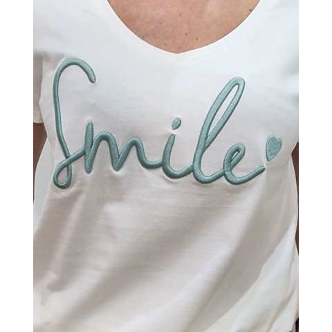 T-Shirt femme blanc broderie smile vert agate