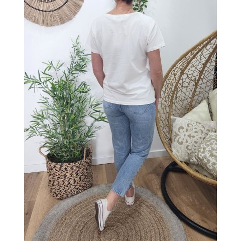 T-Shirt femme blanc broderie smile vert agate