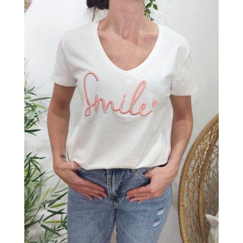 T-Shirt femme blanc broderie smile rose poudré