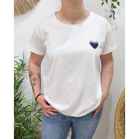 T-Shirt blanc broderie coeur dégradé marine