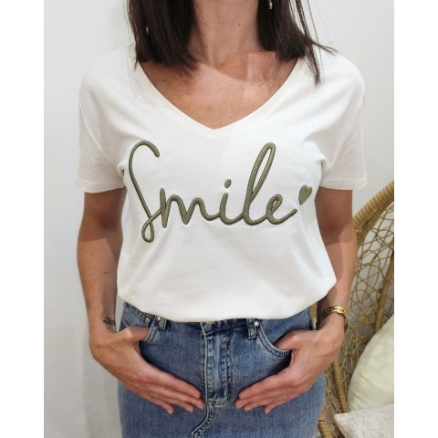 T-Shirt femme blanc broderie smile kaki