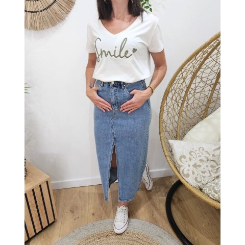 T-Shirt femme blanc broderie smile kaki