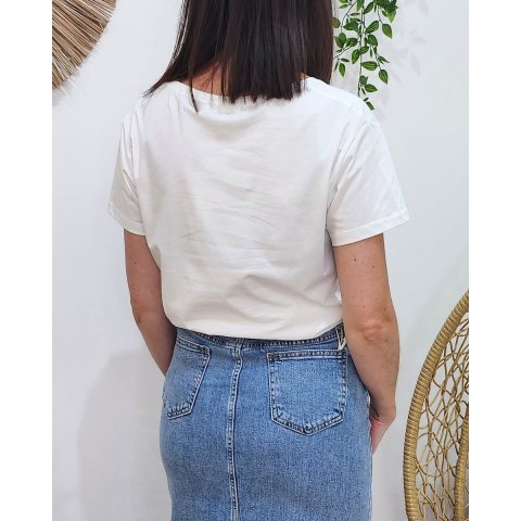 T-Shirt femme blanc broderie smile kaki