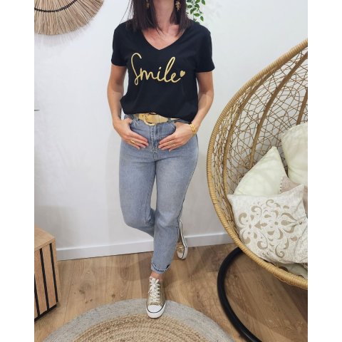 T-Shirt femme noir broderie smile doré