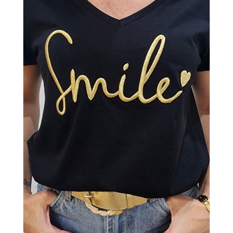 T-Shirt femme noir broderie smile doré