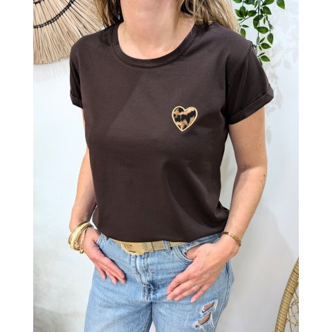 T-shirt femme marron coeur léopard taupe