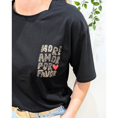 T-shirt femme noir more amor por favor léopard 