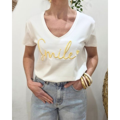 T-Shirt femme blanc broderie smile jaune