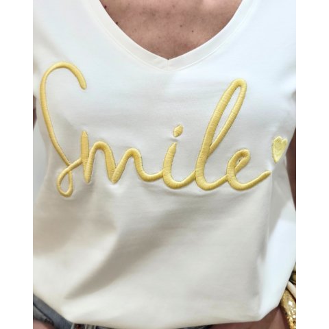 T-Shirt femme blanc broderie smile jaune
