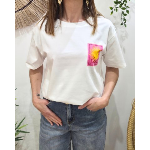 T-shirt femme à message imprimé blanc le soleil rose et jaune coton col rond