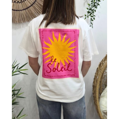 T-shirt femme à message imprimé blanc le soleil rose et jaune coton col rond