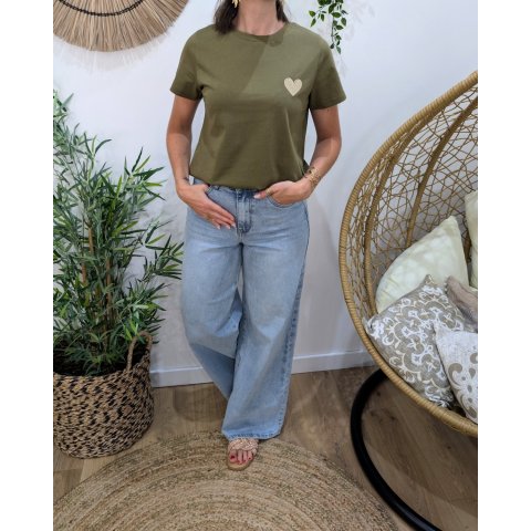 T-Shirt femme kaki broderie coeur doré