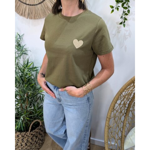 T-Shirt femme kaki broderie coeur doré