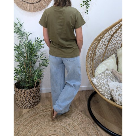 T-Shirt femme kaki broderie coeur doré