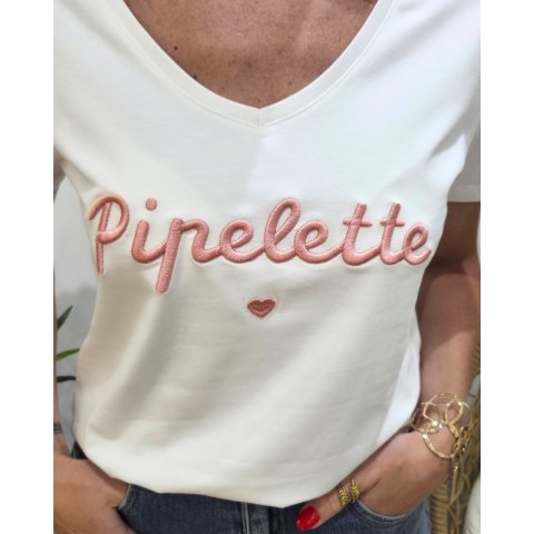 T-Shirt femme blanc broderie pipelette rose poudré