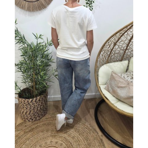 T-Shirt femme blanc broderie pipelette rose poudré