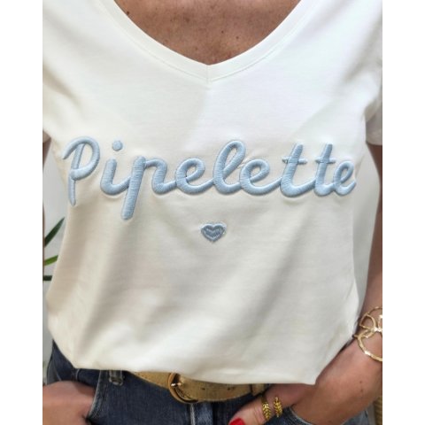 T-Shirt femme blanc broderie pipelette bleu ciel