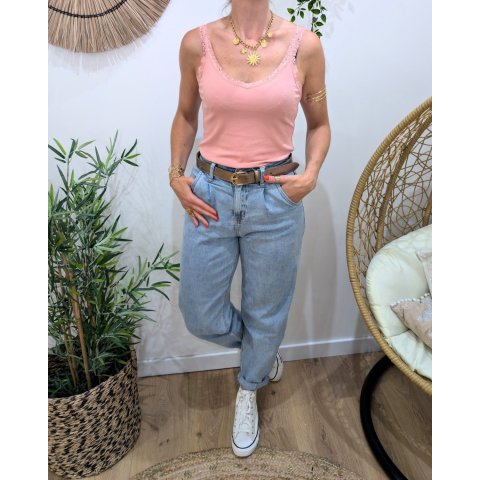 Top femme rose poudré à bretelles dentelle Ondina