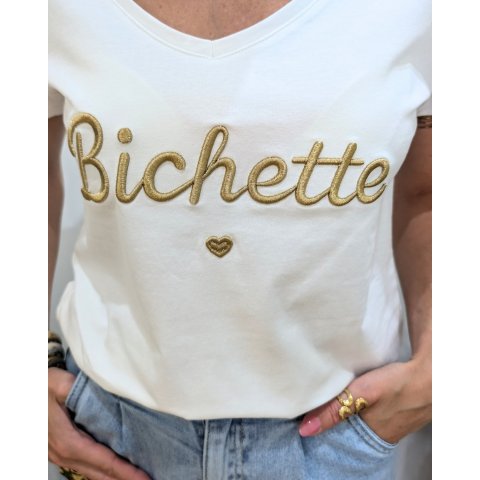 T-Shirt femme blanc broderie bichette doré