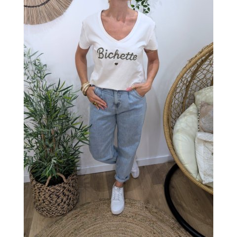 T-Shirt femme blanc broderie bichette kaki