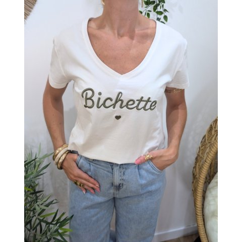 T-Shirt femme blanc broderie bichette kaki