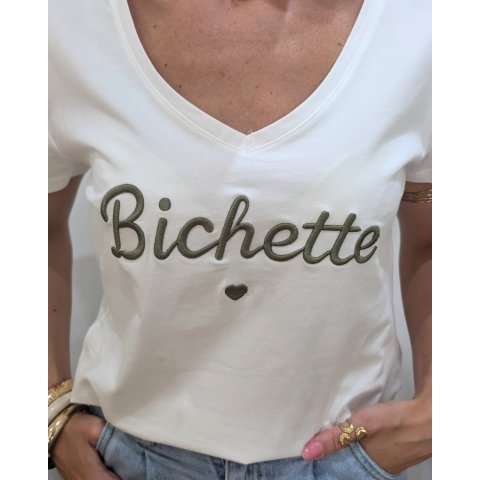 T-Shirt femme blanc broderie bichette kaki