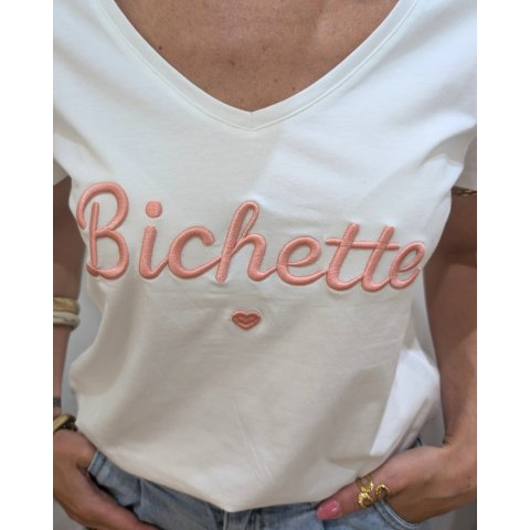 T-Shirt femme blanc broderie bichette rose poudré