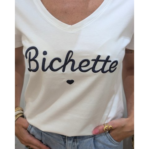 T-Shirt femme blanc broderie bichette marine
